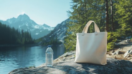 Aufkleber - A serene lakeside view features a simple tote bag and a water bottle resting on a rock. Towering mountains and lush trees create a picturesque backdrop under a bright blue sky.