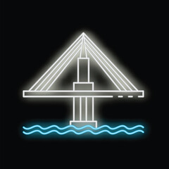 Poster - White neon icon of a bridge spanning over blue glowing water on a black background