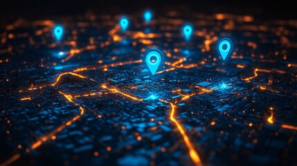 Aufkleber - Digital map with glowing location markers, futuristic city navigation concept