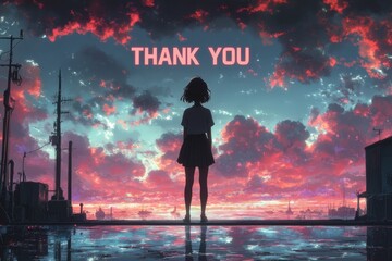 Anime girl standing on a dock looking at a sunset, text thank you