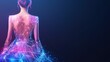 © mashimara - Back view of a woman wearing a dress made of digital light patterns, set against a dark background, highlighting futuristic fashion.