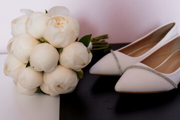 Wall Mural - Elegant Wedding Bouquet and Bridal Shoes Arrangement