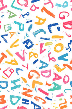 Vertical English letters in a random arrangement on a white background. Seamless pattern.