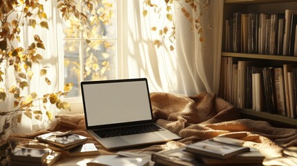 Aufkleber - A tranquil workspace features a laptop resting on a soft blanket, surrounded by books and bathed in natural light streaming through a window adorned with autumn leaves, creating a warm atmosphere.