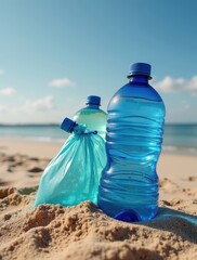 empty plastic water bottles plastic bag sand