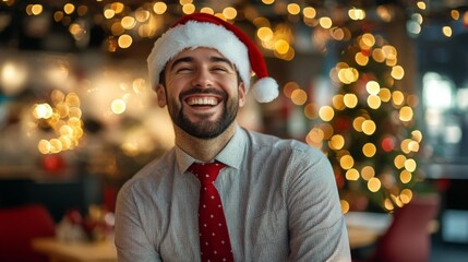 Poster - A man wearing a Santa hat and a red tie smiles brightly at the camera, with a Christmas tree and festive lights blurred in the background.
