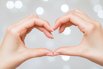 Female hands showing heart shape sign on a pastel background with bokeh lights. Sign of love, feelings, harmony, gratitude, togetherness