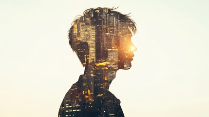 Double exposure of man and city skyline at dusk. Concept: vision and urban growth.