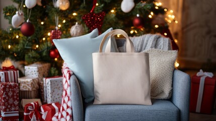 Poster - A soft blue pillow and a knitted throw blanket accompany a plain tote bag placed on a cozy chair. Behind, a decorated Christmas tree glows with lights and surrounded by beautifully wrapped presents.