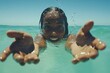 © Leo - Underwater portrait of a young girl reaching out with a joyful expression capturing the freedom and playfulness of swimming in a bright turquoise pool