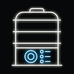 Poster - Blue and white neon icon of a food steamer glowing on a black background
