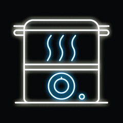 Blue neon icon of a double boiler glowing on black background