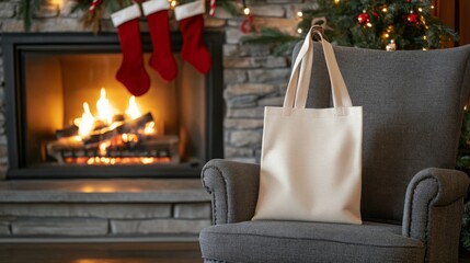 Poster - A warm and inviting holiday atmosphere featuring a fireplace with a crackling fire, stockings hanging, and a cream tote bag resting on a cozy armchair beside a beautifully decorated Christmas tree.