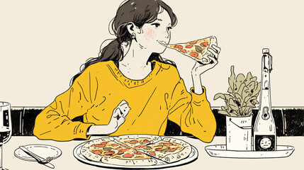 Playful brunette girl enjoying pizza meal with enthusiasm