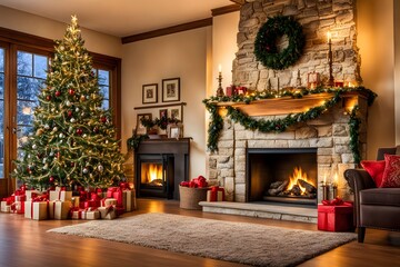 Christmas living room interior with Christmas tree and presents