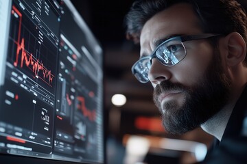 Stock market trading floor, digital screens with financial data