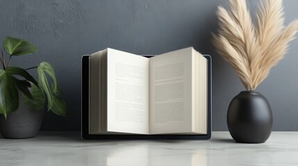 Poster - An open book lies on a smooth marble surface, showcasing blank pages. Next to it, a decorative vase holds dried plants, and a green leaf adds a touch of nature to the minimalist setting.