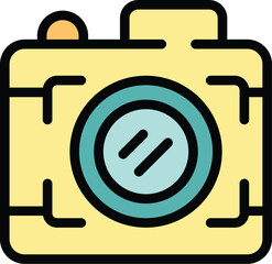 Poster - Yellow camera focusing on subject with lens, simple colored vector icon
