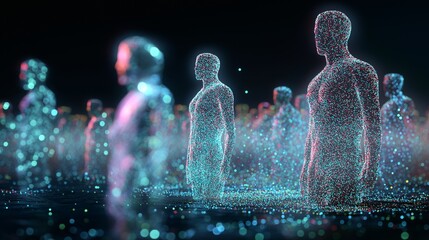 Poster - Digital Figures Representing Unity and Connection in a Futuristic High-Tech Cyber Network Setting, Generative AI