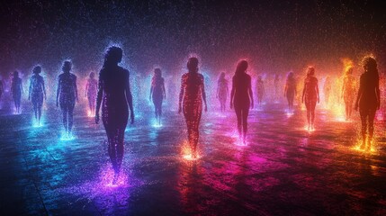 Poster - Glowing Silhouettes of Diverse Figures in Neon Lights, Representing Unity and Vibrant Community in Abstract Digital Art, Generative AI