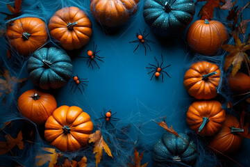 Sticker - A blue background with a bunch of pumpkins and spiders