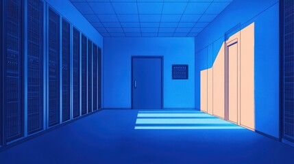 Poster - A serene data center with cool blue lighting, featuring rows of servers and a door glowing in warm light.