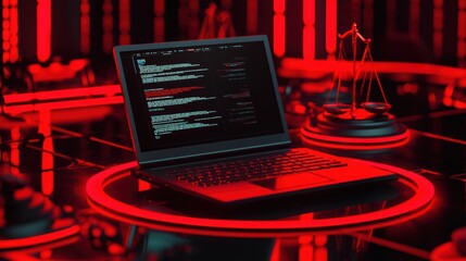 Poster - A sleek laptop displaying code, set in a dramatic red-lit environment with symbolic scales of justice.