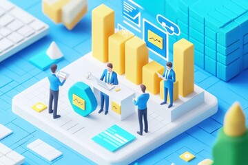 Poster - Business team analyzing growth data with 3D charts and figures in a modern office setting.