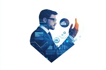 Poster - Businessman analyzing data with graphs and technology in modern suit, white isolated background.