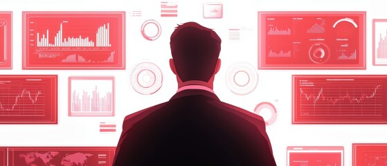 Poster - Businessman analyzing data on digital screens in a futuristic workspace.