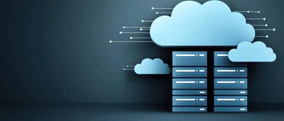 Cloud computing concept with server racks and cloud icons on a dark background.