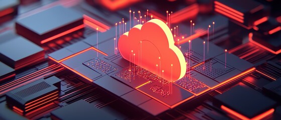 Poster - Digital cloud computing graphic with glowing nodes and circuitry on a dark background.