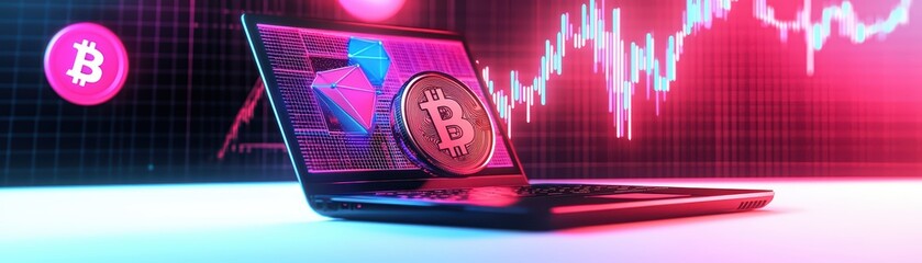 Poster - Digital representation of Bitcoin on a laptop with vibrant charts and graphs.