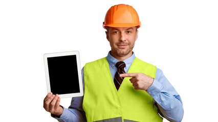 Poster - Professional Builder In Uniform Showing Tablet Computer Pointing Finger At Blank Screen Posing On White Studio Background. Online Building Service Ad, Look Here Concept. Mockup, Panorama