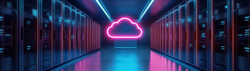 Poster - Futuristic data center with neon cloud symbol, illuminated by vibrant lights, modern technology concept.