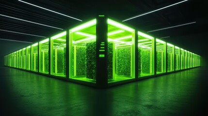 Futuristic data center with neon green lighting and illuminated server racks, emphasizing modern technology.