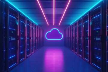 Poster - Futuristic data center with neon lights and cloud symbol on the wall.