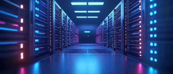 Poster - Futuristic data center with rows of servers glowing in blue and pink lights, creating a high-tech atmosphere.