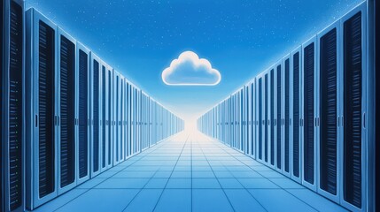 Poster - Futuristic data center with server racks and a cloud symbol against a vibrant blue background.