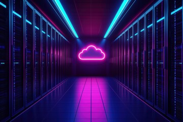 Poster - Futuristic server room with neon lights and cloud symbol, depicting advanced data storage technology.