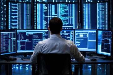 A man at a desk, facing several computer monitors.