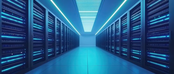 Poster - Futuristic server room with blue lighting, showcasing advanced technology and data storage solutions.