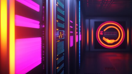 Poster - Futuristic server room with vibrant neon lights and advanced technology in a digital environment.