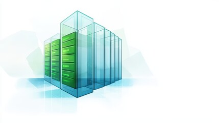 Poster - Illustration of modern data center with green server racks on a white background.