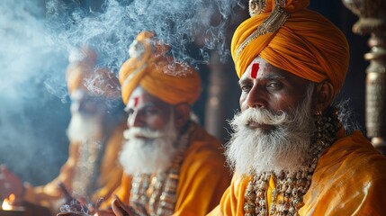 Group of Indian holy men performing a ritual at a temple, with incense smoke and sacred chants filling the air