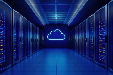 Poster - Modern data center with blue lighting, showcasing rows of server racks and a cloud symbol.