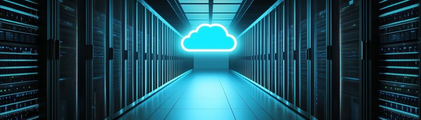 Poster - Modern data center with glowing cloud symbol, showcasing advanced digital infrastructure.