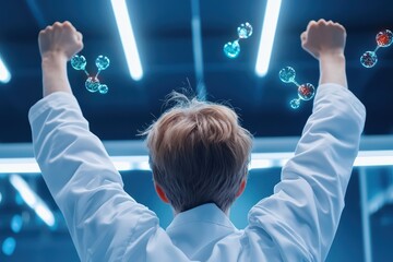 Poster - Scientist celebrating success with molecular models in a futuristic lab setting.