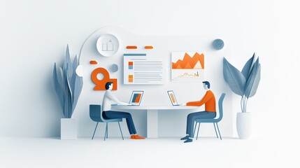 Poster - Two individuals collaborating in a modern workspace with digital tools and graphs.