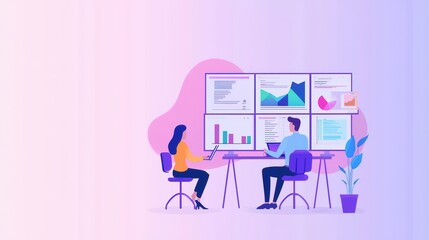 Poster - Two professionals analyzing data on screens in a modern office setting with a plant in the corner.